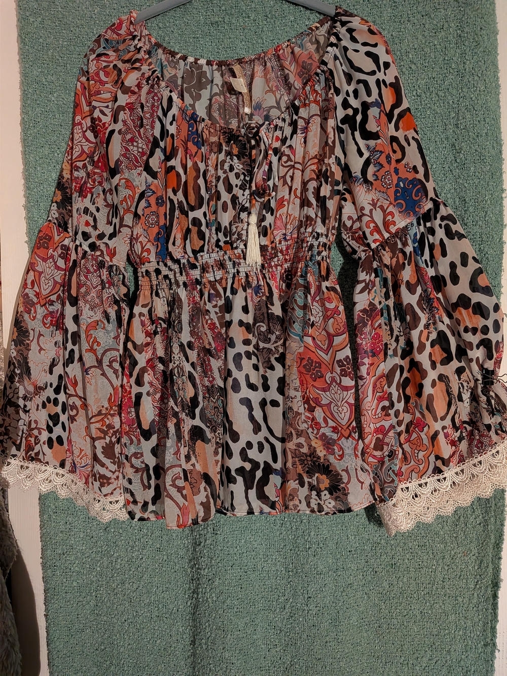 Boston Proper Multi-Print Boho Peasant Blouse in Cream, Black, Orange, Blue